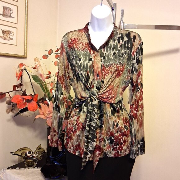 NWT Robert Kitchen Women's Burgundy Black Beige Printed Blouse Size 10 M - Picture 4 of 13
